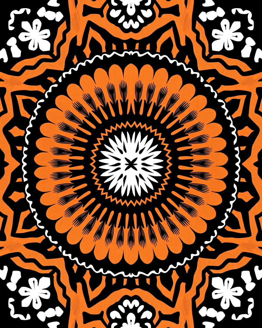 Orange Black White Mandala Pattern Rug