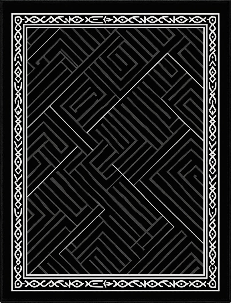 Geometric Maze Pattern Black White Rug