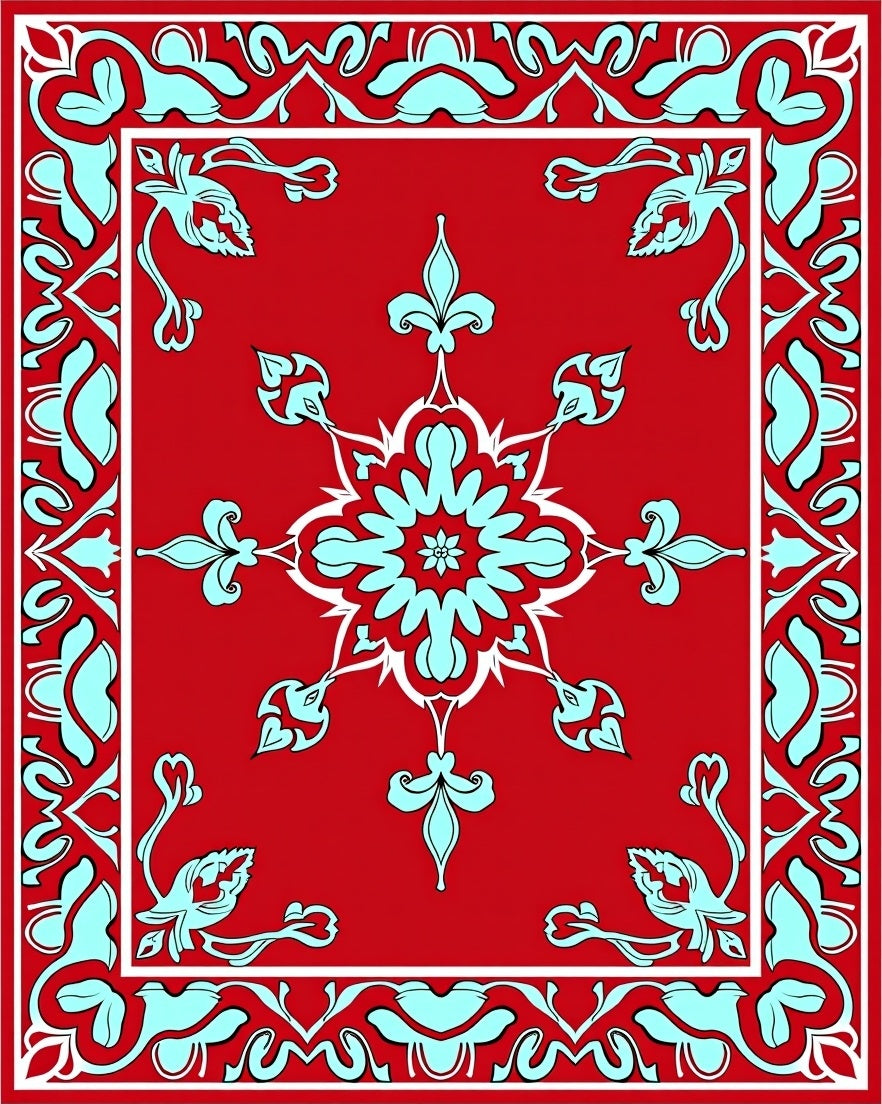 Red Floral Medallion With Powder Blue Accents Rug