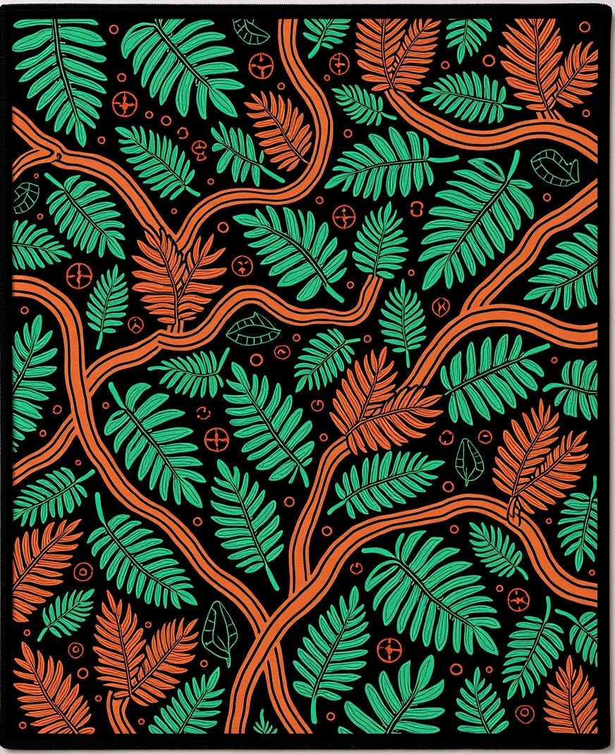 Jungle Fern Branch Black Orange Botanical Rug