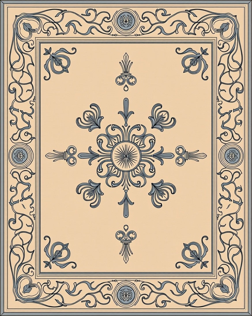 Cream Blue Detailed Floral Border Rug