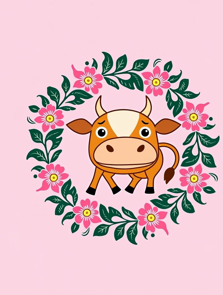 Cute Orange Cow Pink Floral Wreath Rug