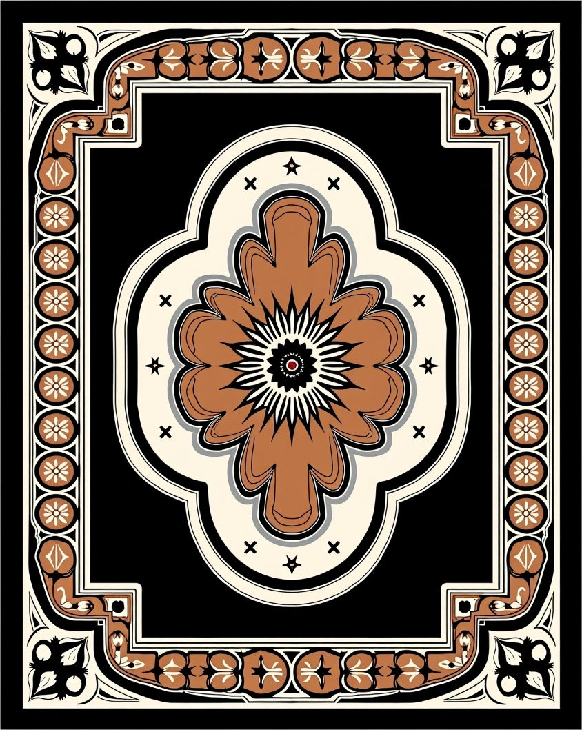 Ornate Floral Border Black Rug