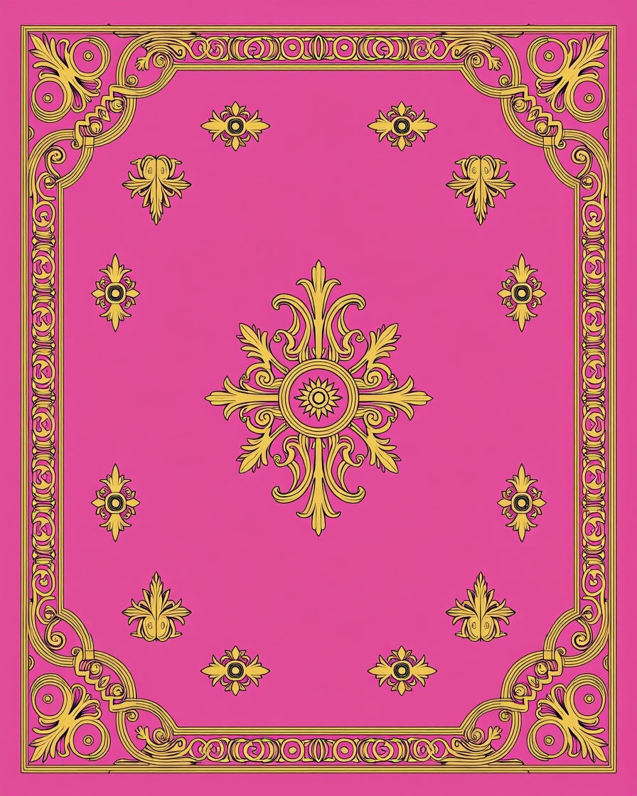 Ornate Scrollwork Pink Gold Pattern Rug