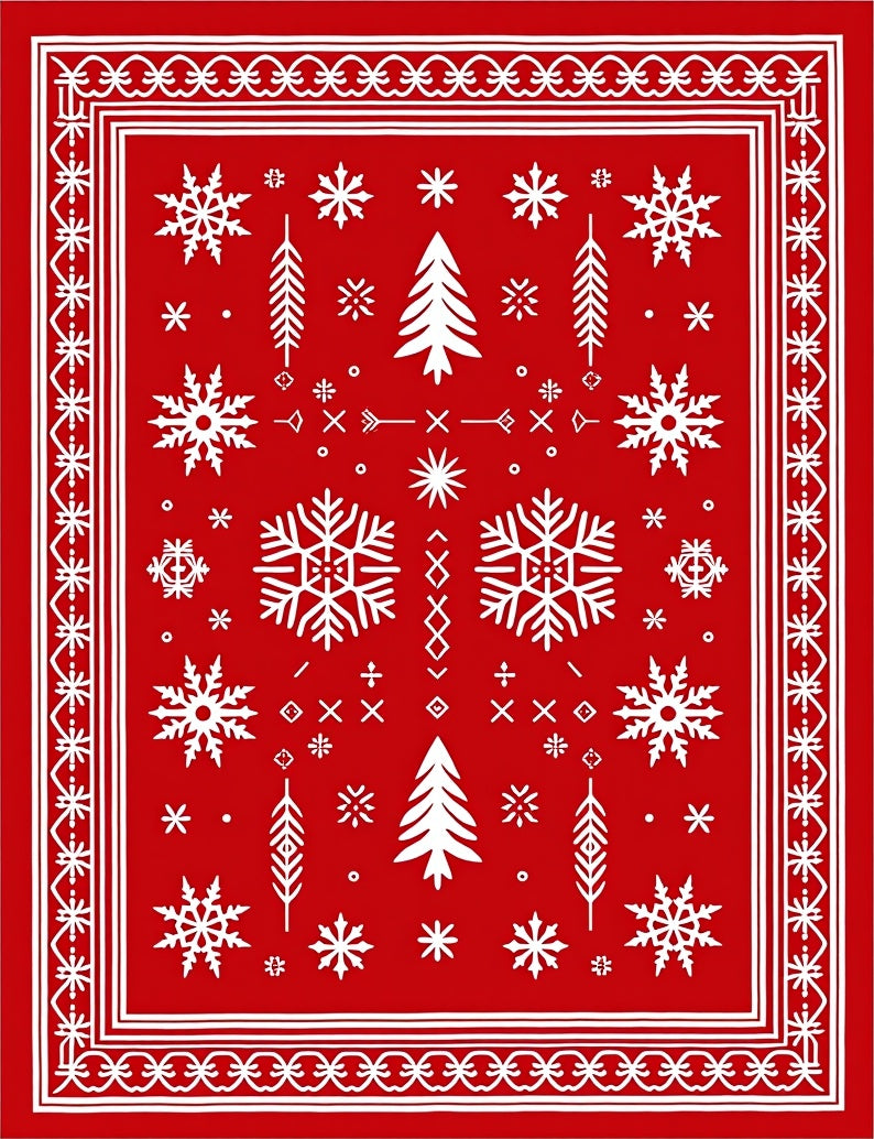Red Winter Snowflake Tree Medallion Rug