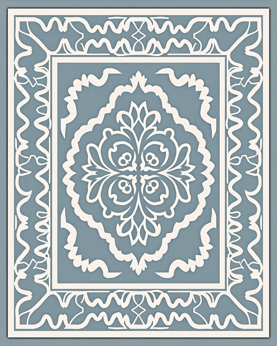 Powdery Blue White Damask Pattern Rug