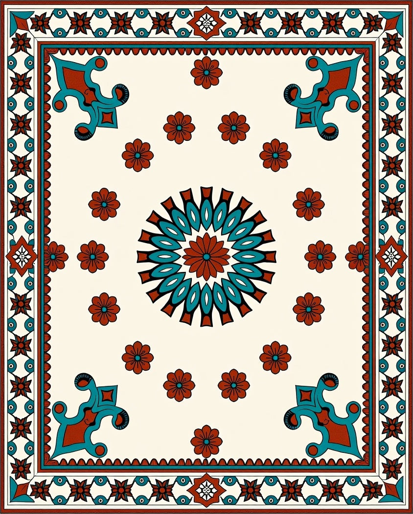 Centered Mandala Floral Bordered Design Rug