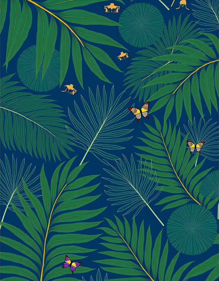 Green Palm Leaves Golden Camel Print Rug