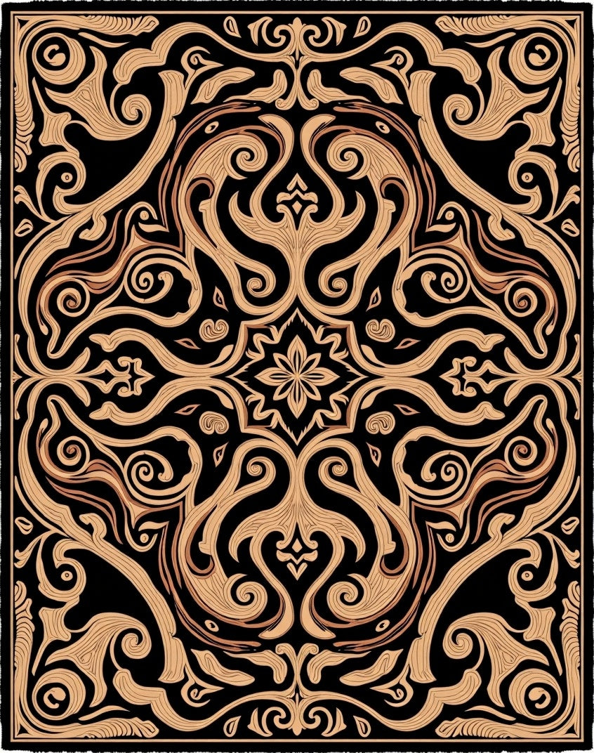 Intricate Black Gold Swirls Floral Design Rug