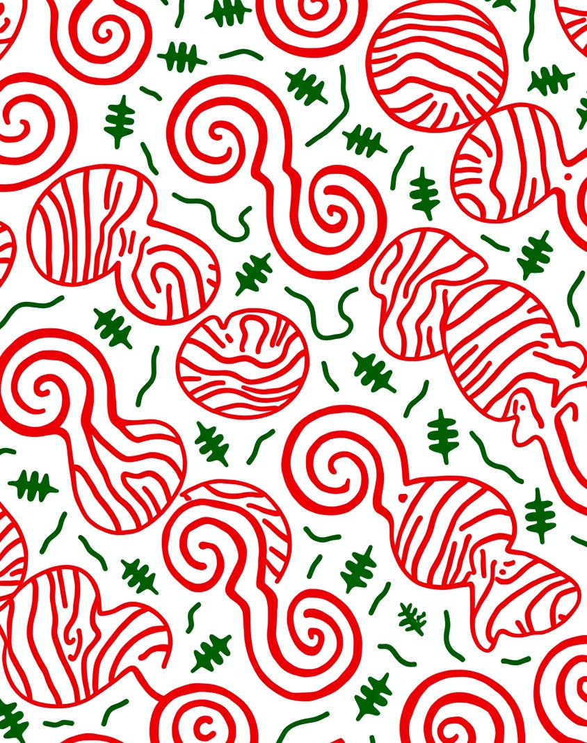 Red White Swirls And Green Sprigs Rug