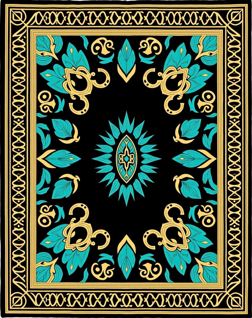 Black Teal Gold Floral Medallion Rug