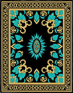 Black Teal Gold Floral Medallion Rug