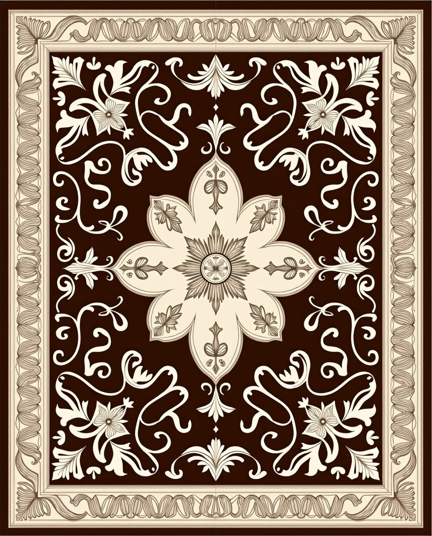 Chocolate Cream Floral Scroll Pattern Rug