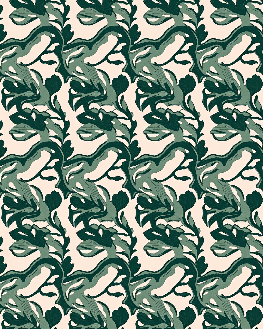 Earthy Green Abstract Leaf Pattern Rug
