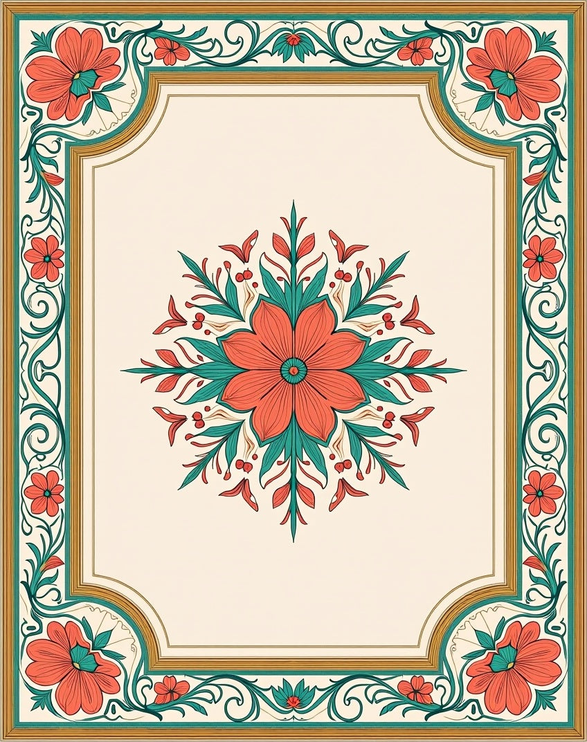 Coral Floral Geometric Medallion Design Rug