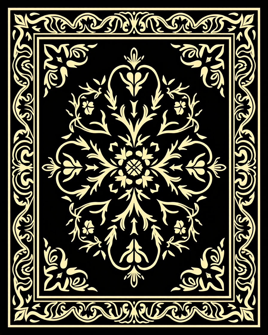 Ornamental Black Gold Floral Pattern Rug