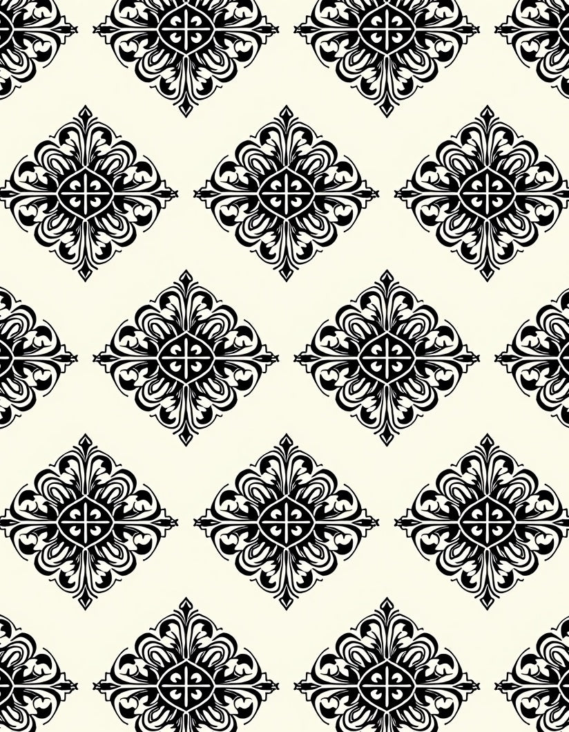 Black White Floral Ornament Rug