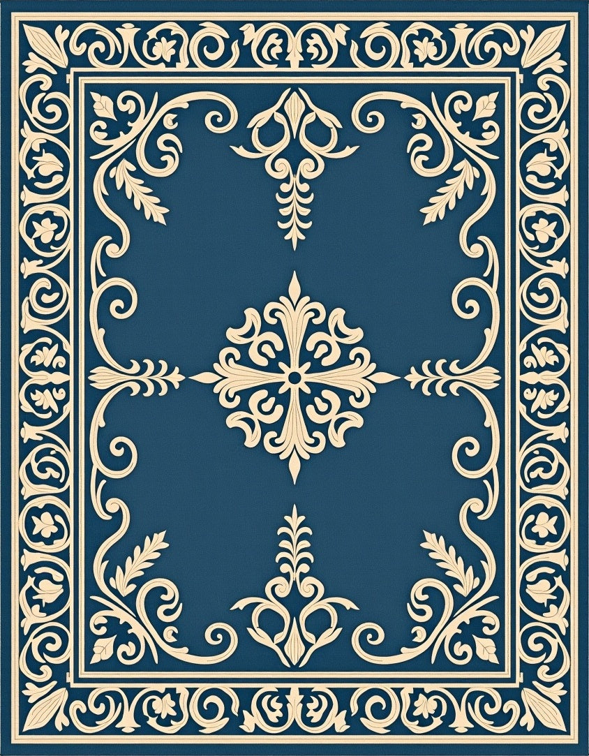 Elaborate Blue Cream Floral Border Rug
