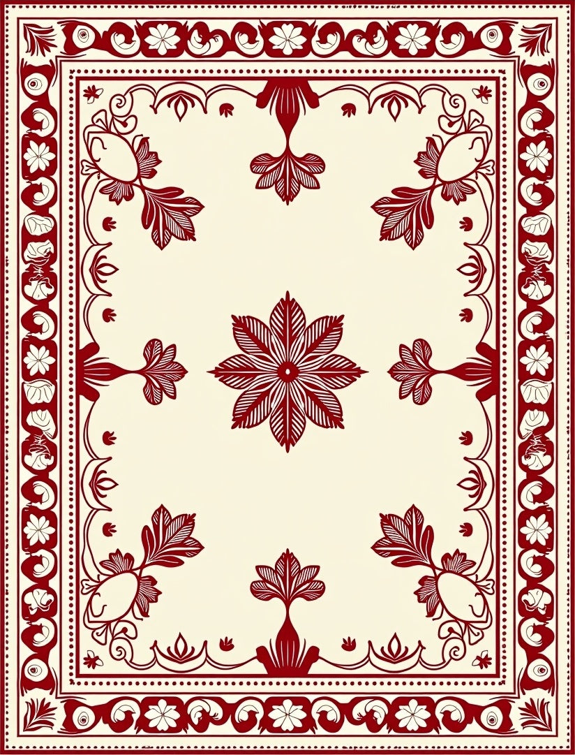 Red Floral Scroll Border Design Rug