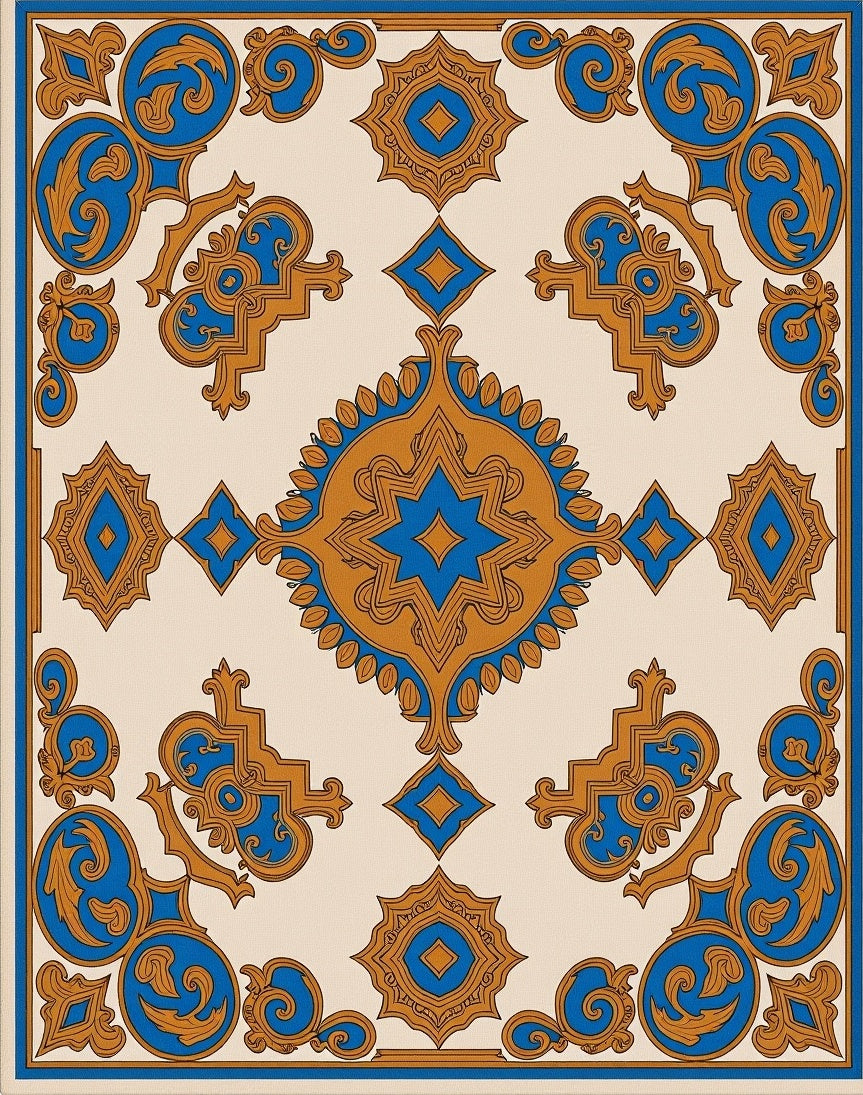 Ornate Blue Gold Scrollwork Medallion Rug