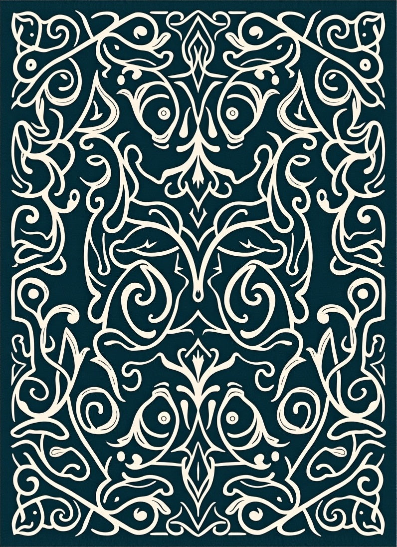 Dark Teal Floral Scroll Pattern Rug