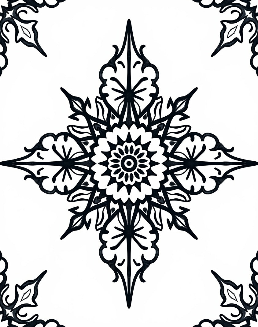 Intricate Black Floral Starburst Pattern Rug