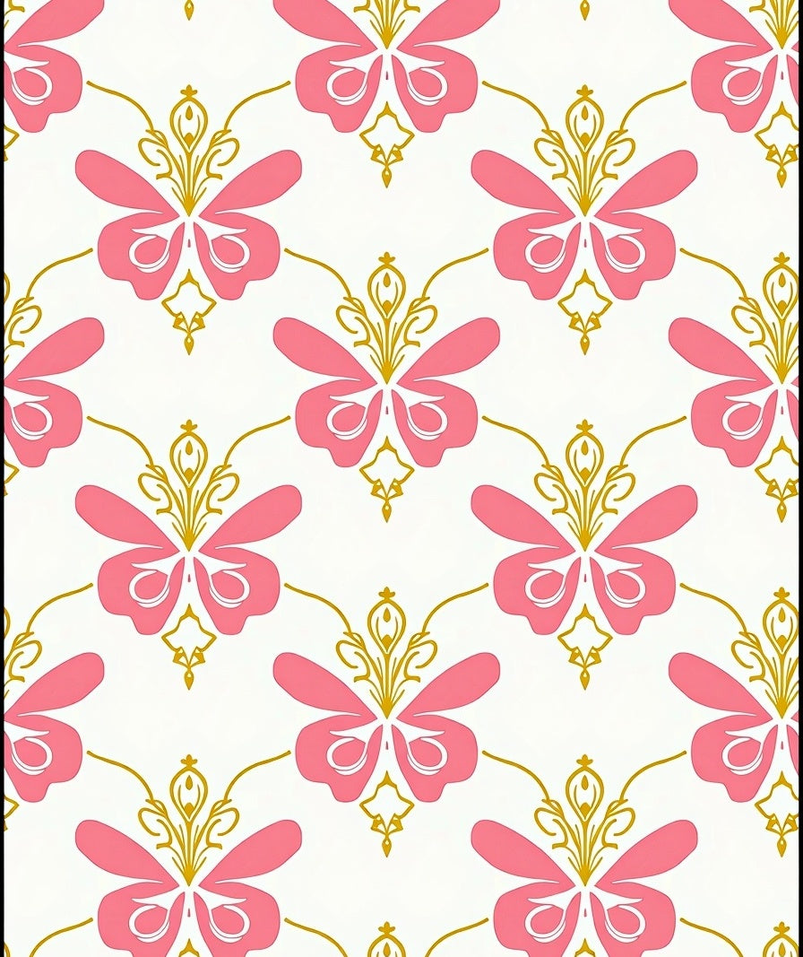 Pink Butterfly Floral Damask Pattern Rug