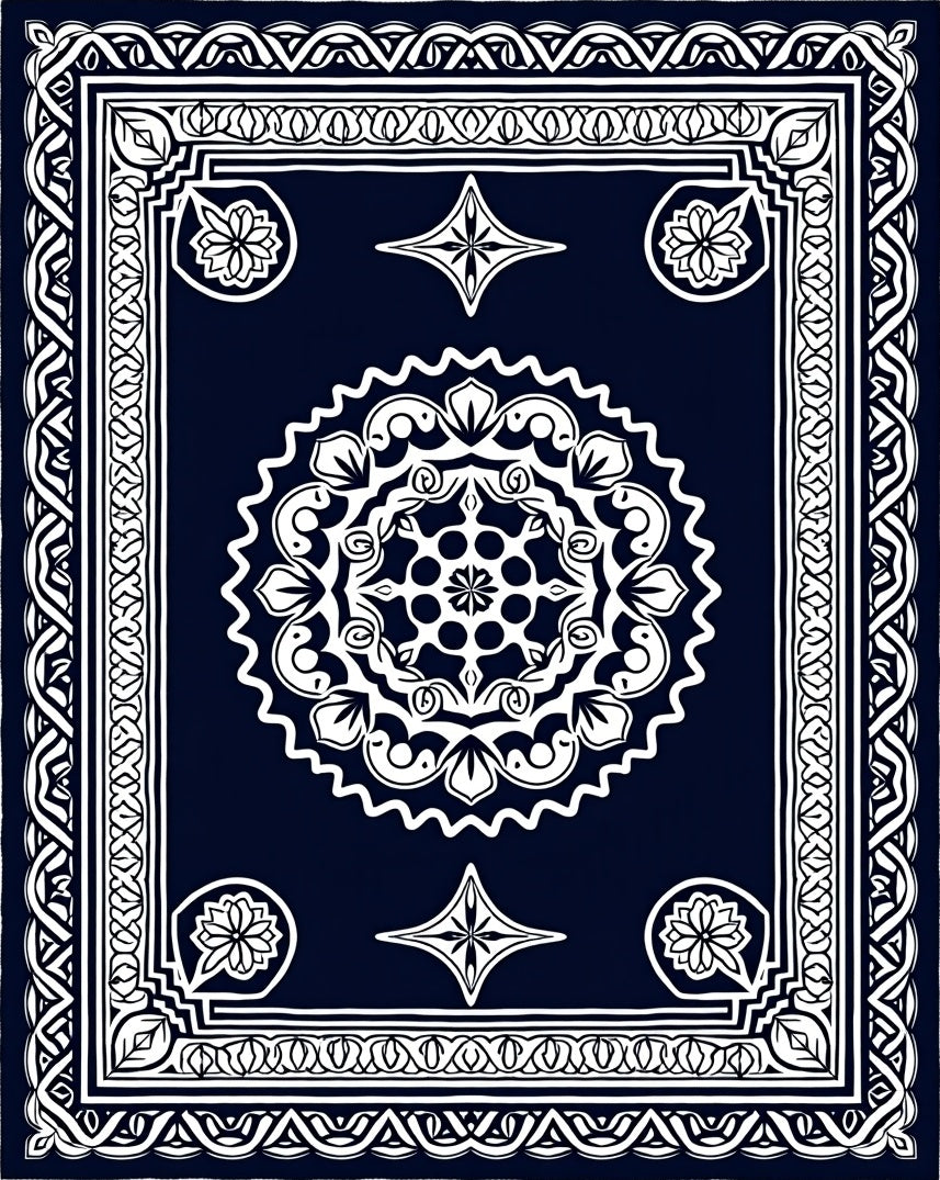 Ornate White Mandala Dark Blue Rug
