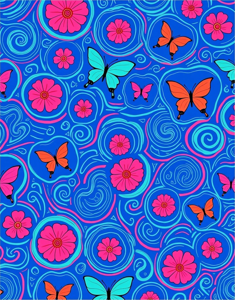 Vibrant Floral Butterfly Swirl Pattern Rug