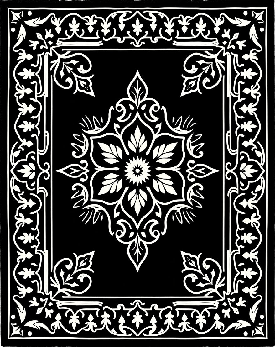 Black And White Floral Medallion Rug