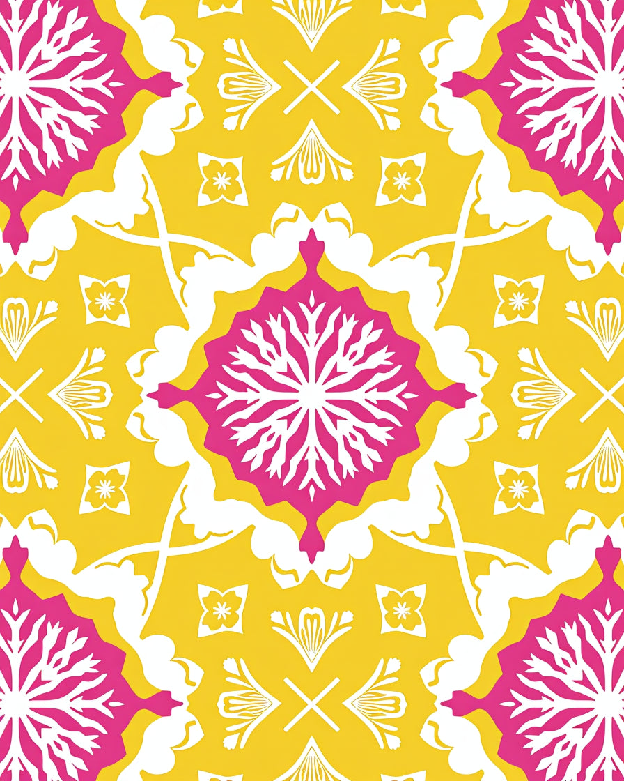 Lively Pink Yellow Floral Tile Rug