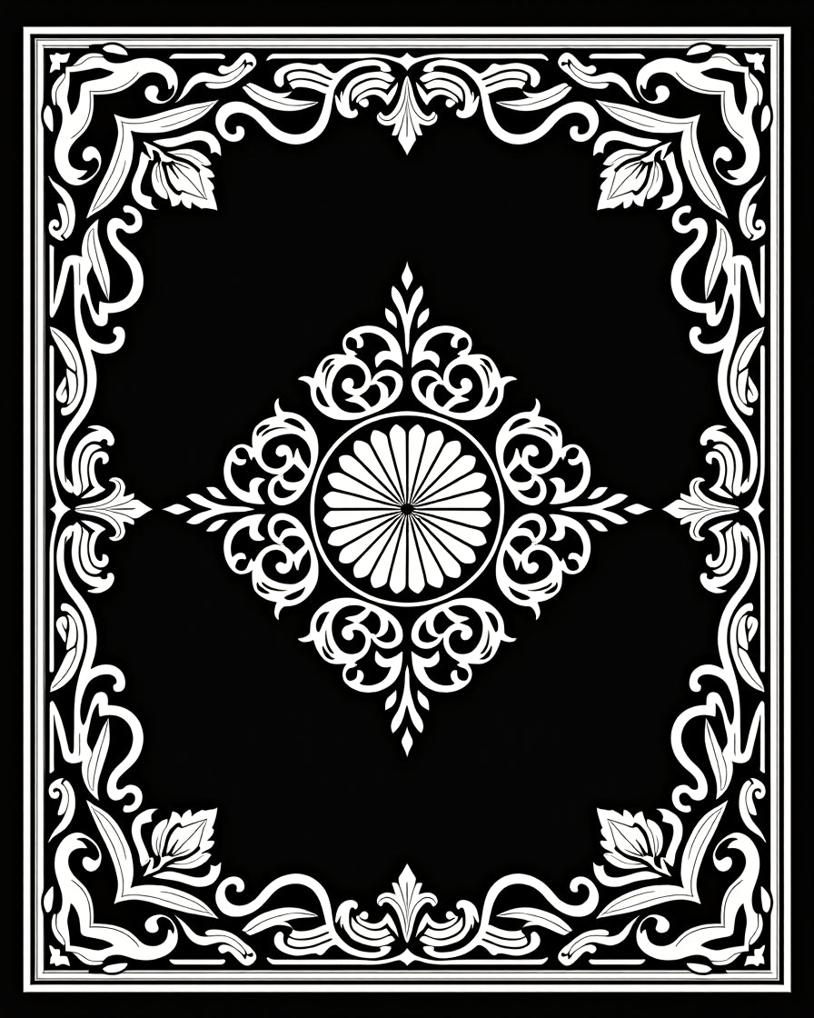 Black White Ornate Floral Frame Design Rug