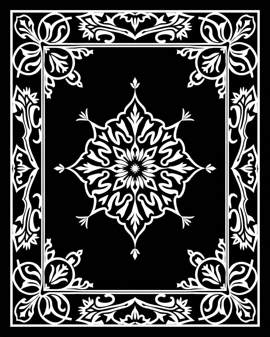 Ornate Floral Mandala Black White Rug