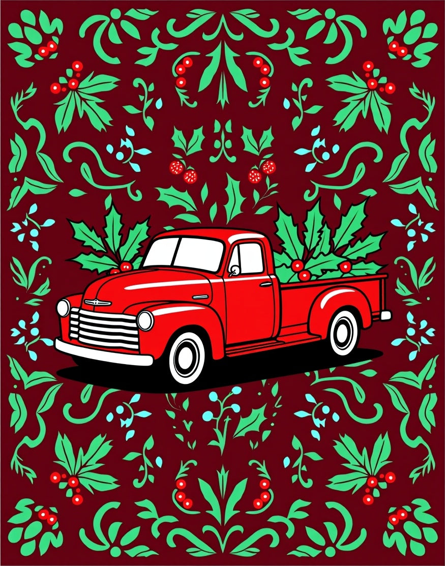 Crimson Red Truck Holly Floral Rug