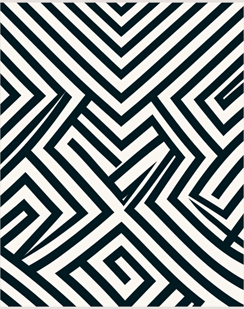 Modern Black White Geometric Maze Rug