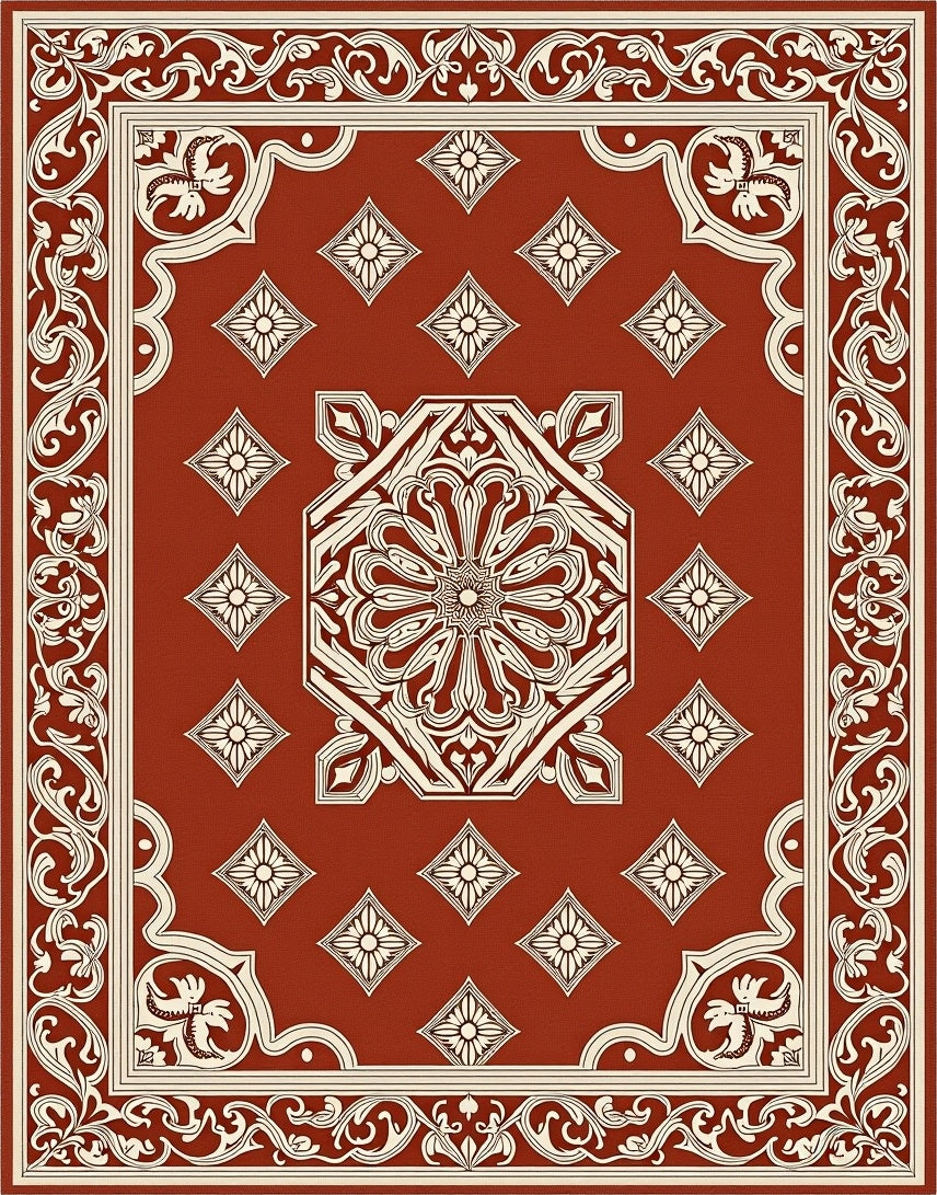 Ornate Red Cream Floral Medallion Rug
