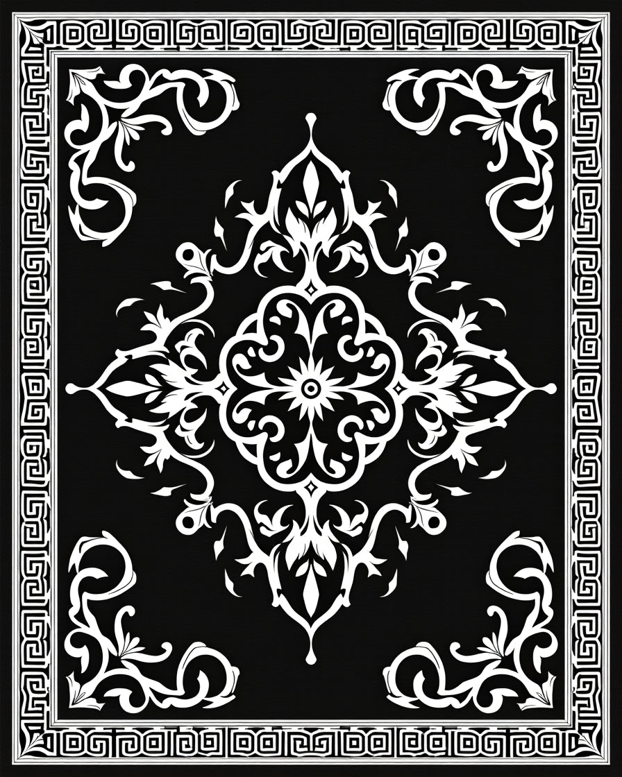 Black White Classical Scroll Pattern Rug
