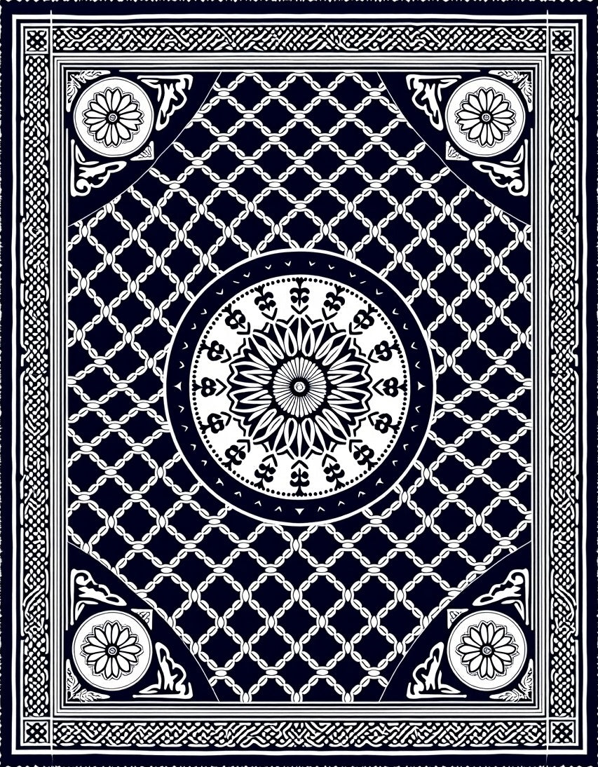 Traditional Navy White Geometric Mandala Pattern Rug
