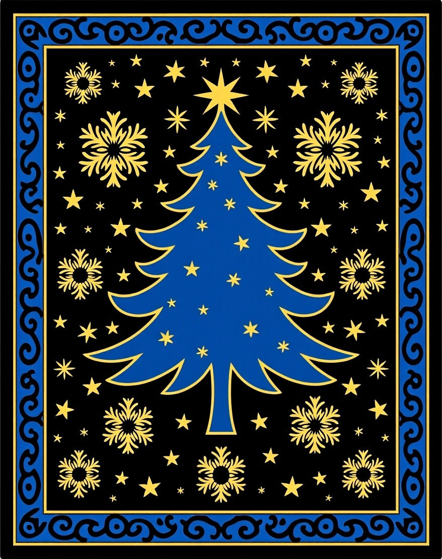 Blue Christmas Tree Gold Snowflake Rug