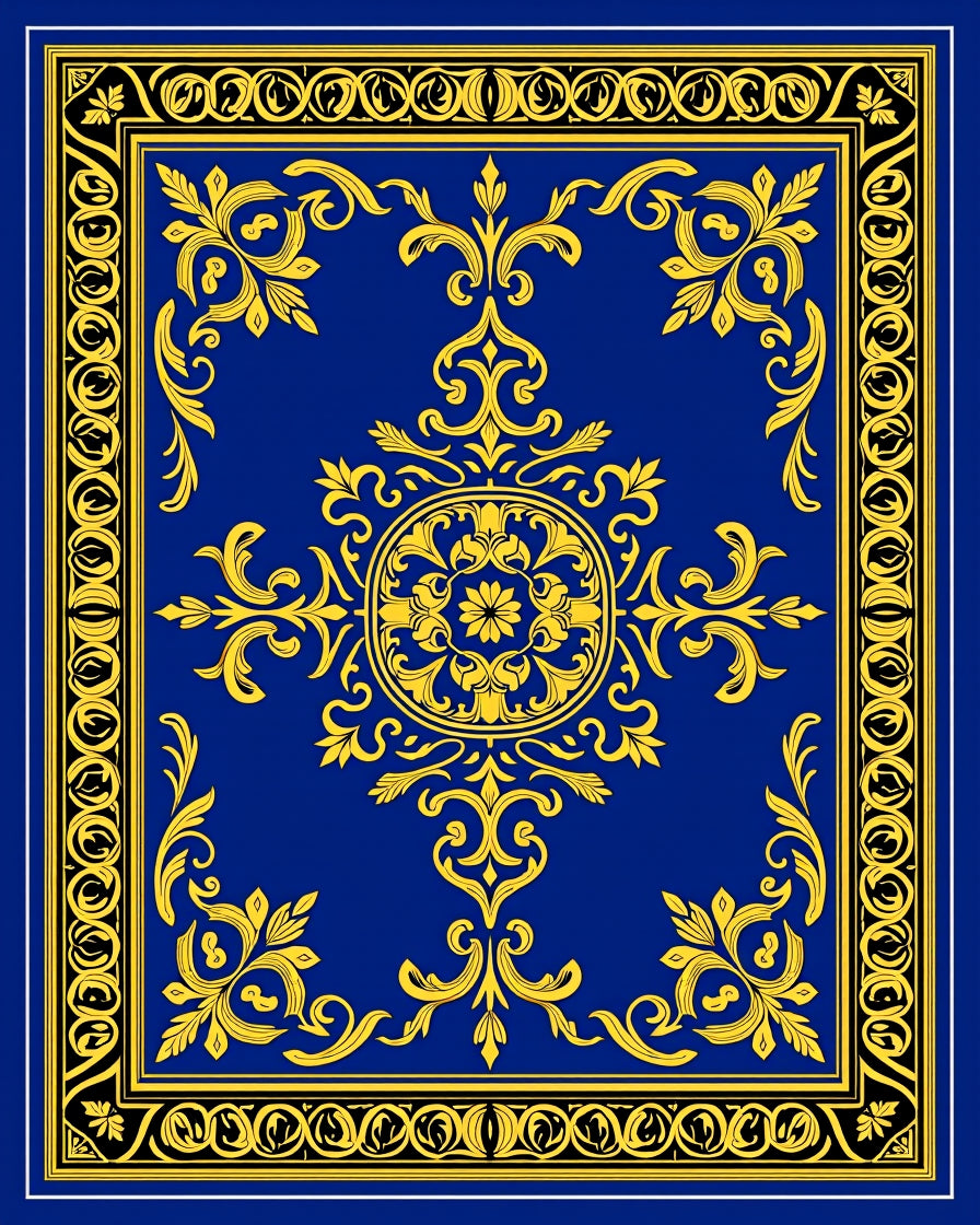 Ornate Golden Blue Floral Scroll Pattern Rug