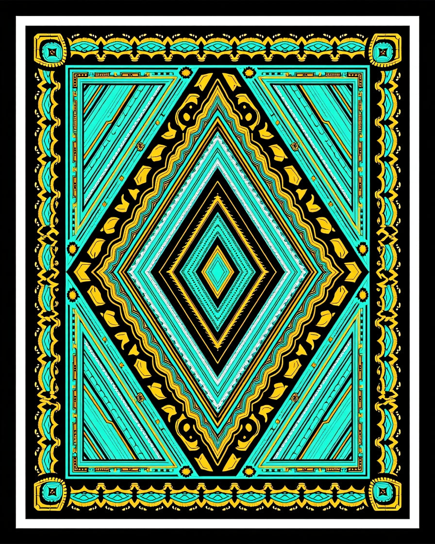 Luminous Teal Golden Diamond Geometric Rug