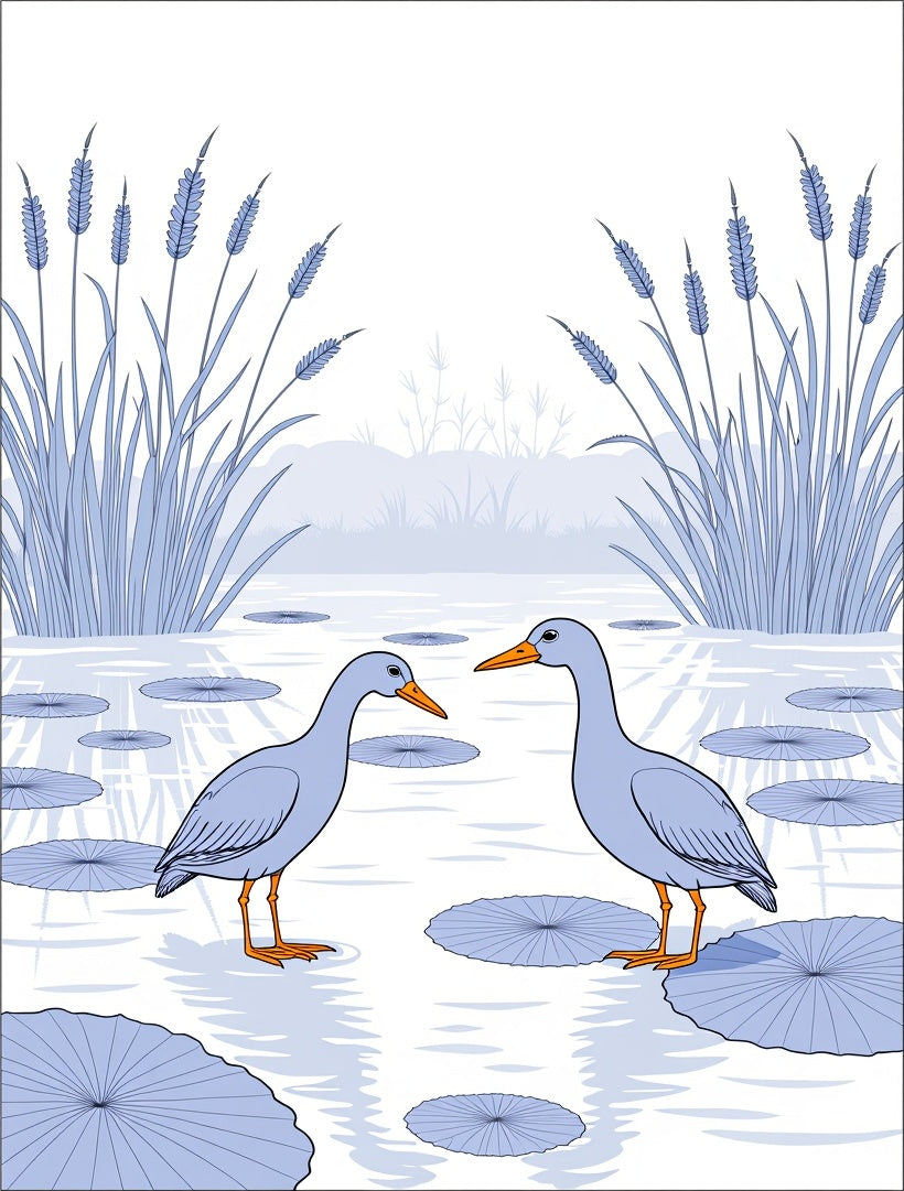 Two Cranes Beside Reeds Pattern Rug