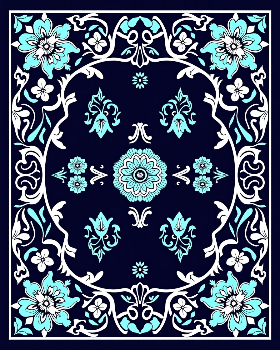 Aqua Floral Vines Mandala Pattern Rug