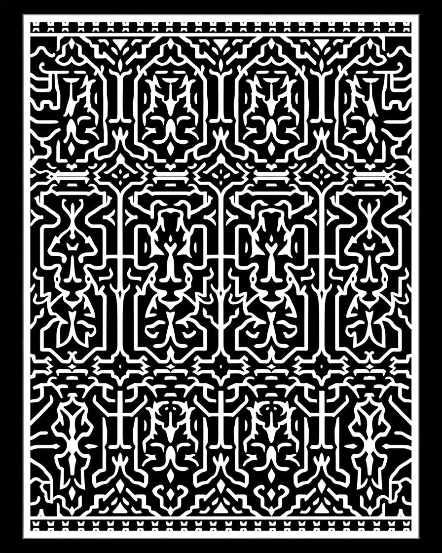 Intricate Black White Linear Pattern Rug