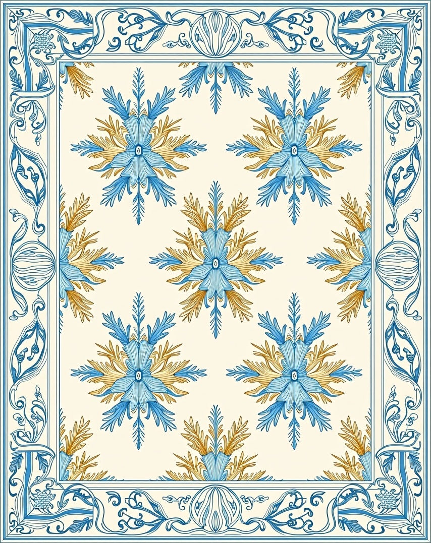 Elegant Blue Gold Floral Medallion Pattern Rug