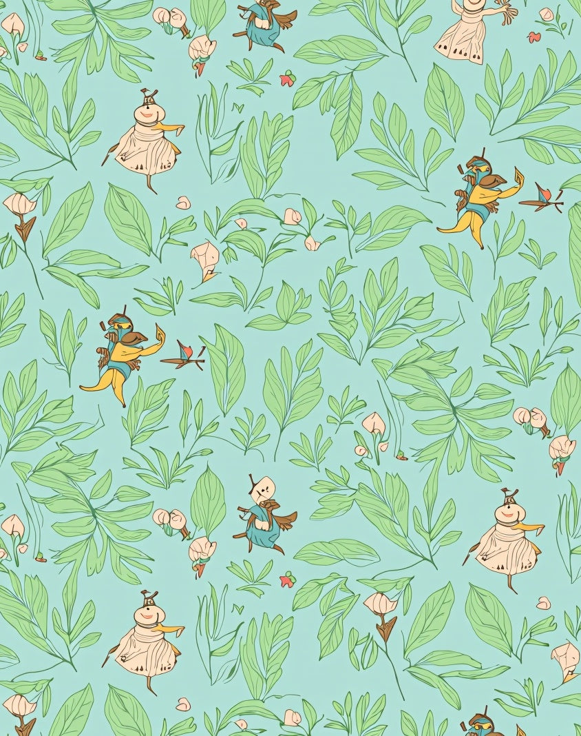 Whimsical Teal Leaf and Figure Design Rug