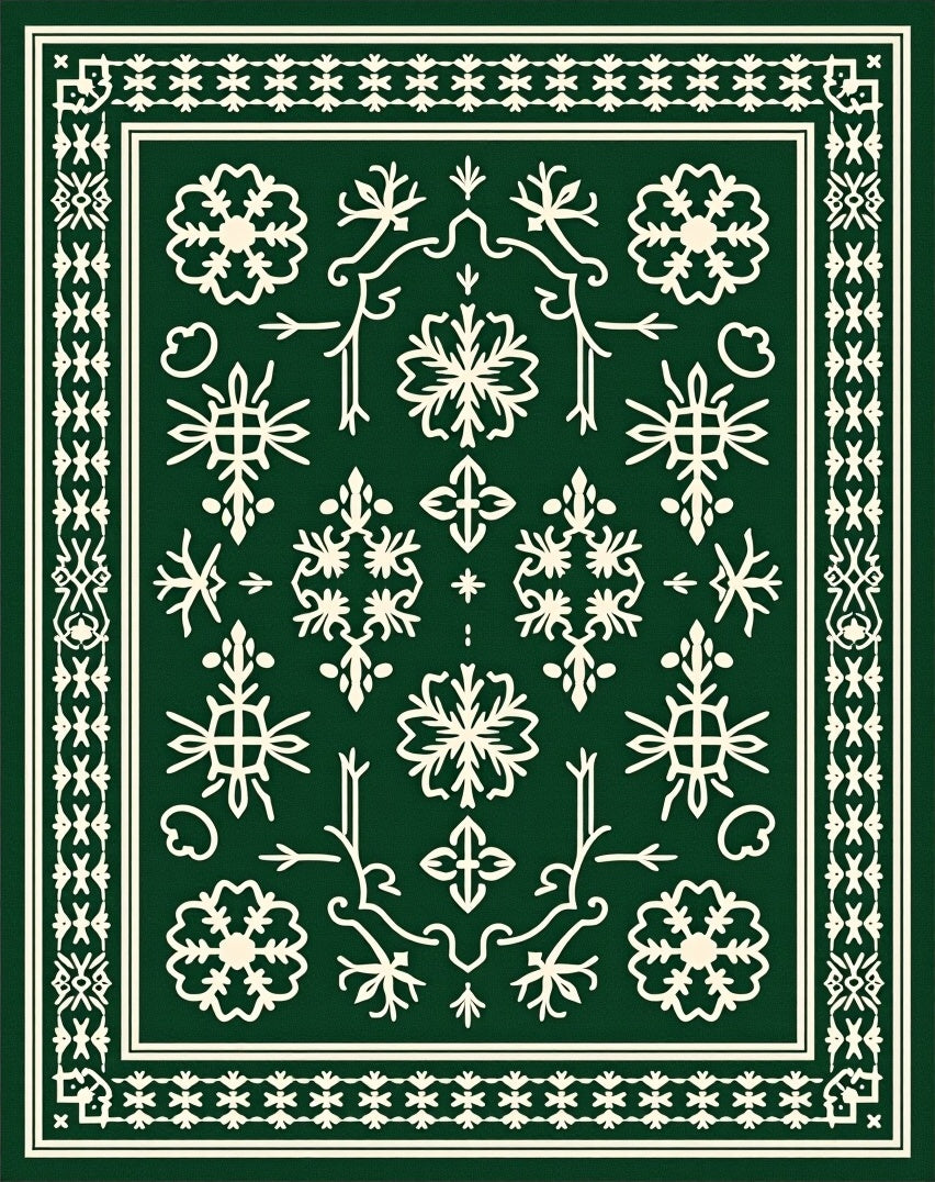 Green Snowflake Medallion Border Design Rug