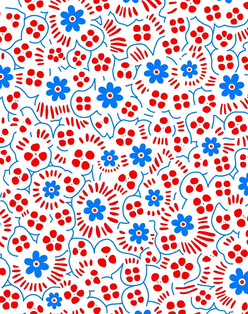 Bold Red Blue Floral Pattern Rug