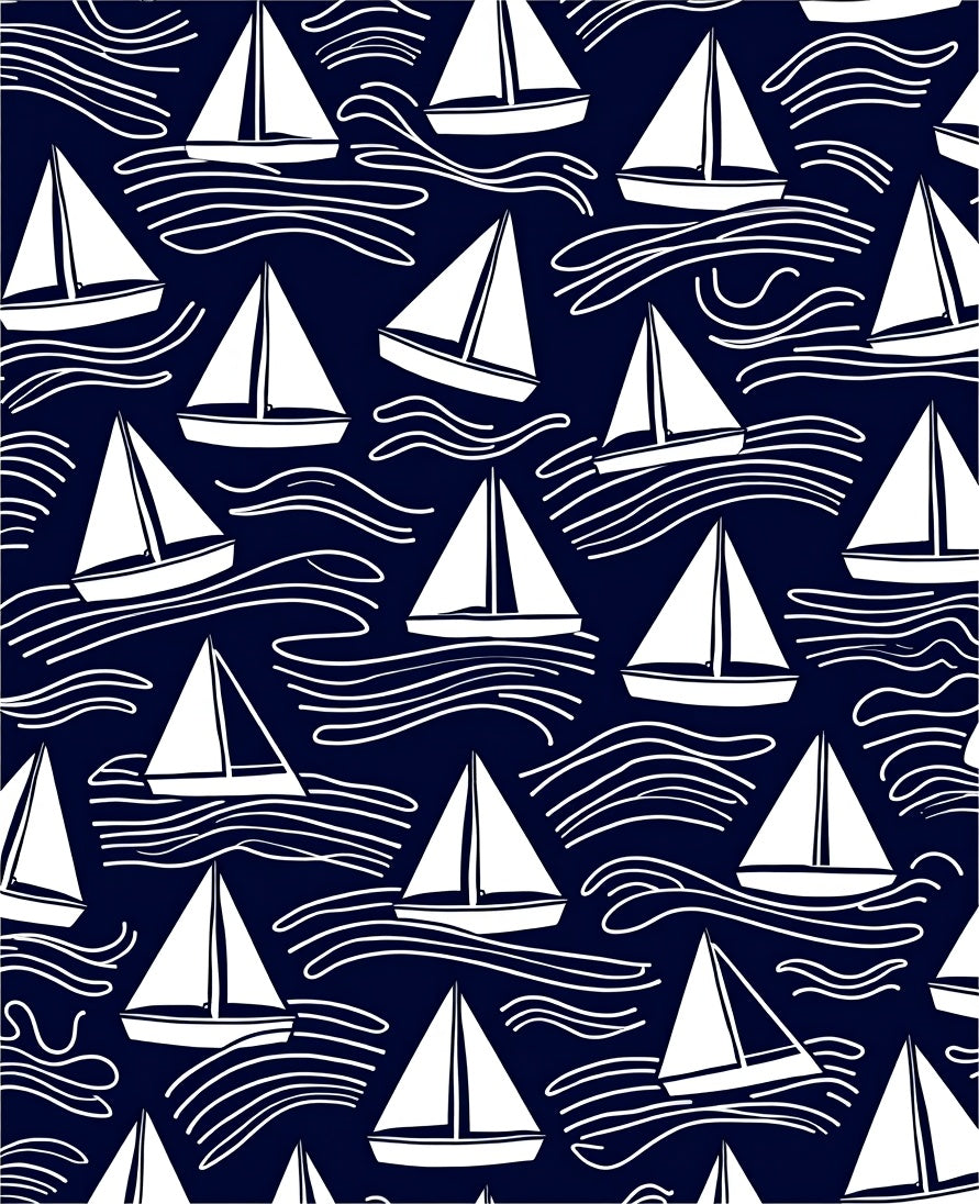 White Sailboats on Navy Waves Pattern Rug