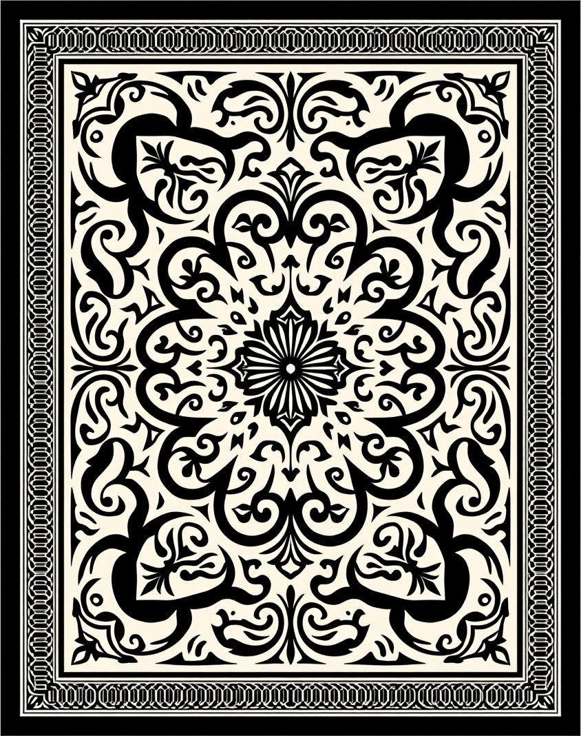 Intricate Black Cream Floral Mandala Rug